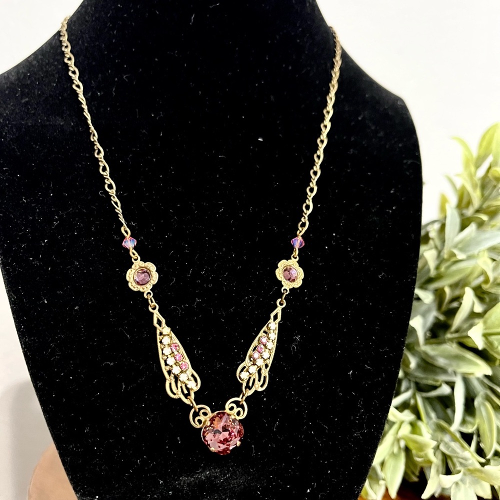 Clara Beau Pink Rhinestone Floral Gold Necklace